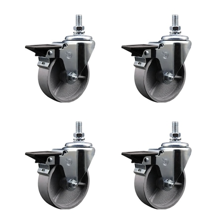 Service Caster 4 Inch Semi Steel 12 Inch Threaded Stem Caster Set with Brake SCC-TS20S414-SSS-PLB-121315-4